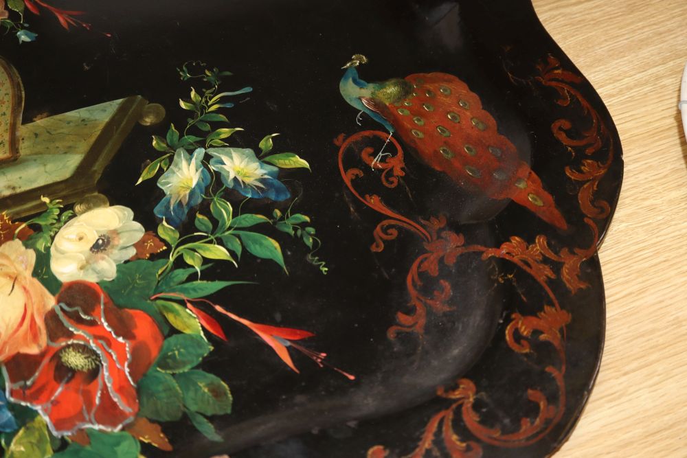 A Victorian painted papier mache tray, length 82cm